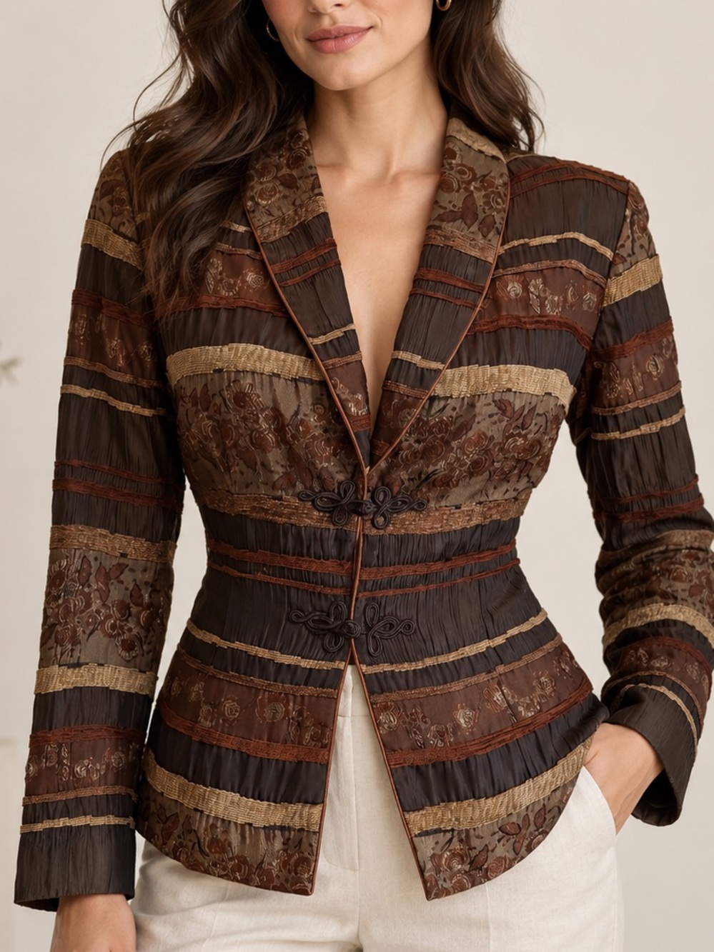 Danny & Nicole Brown Brocade Tapestry Frog Closure Jacket Size 8